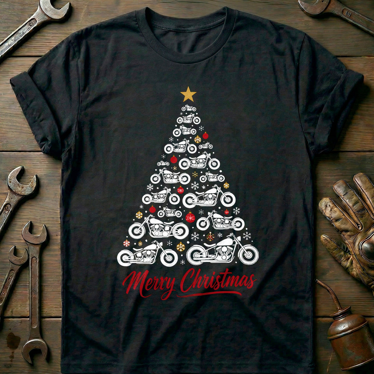 Bobber Christmas Tree Motorcycle T-Shirt EU product image 3