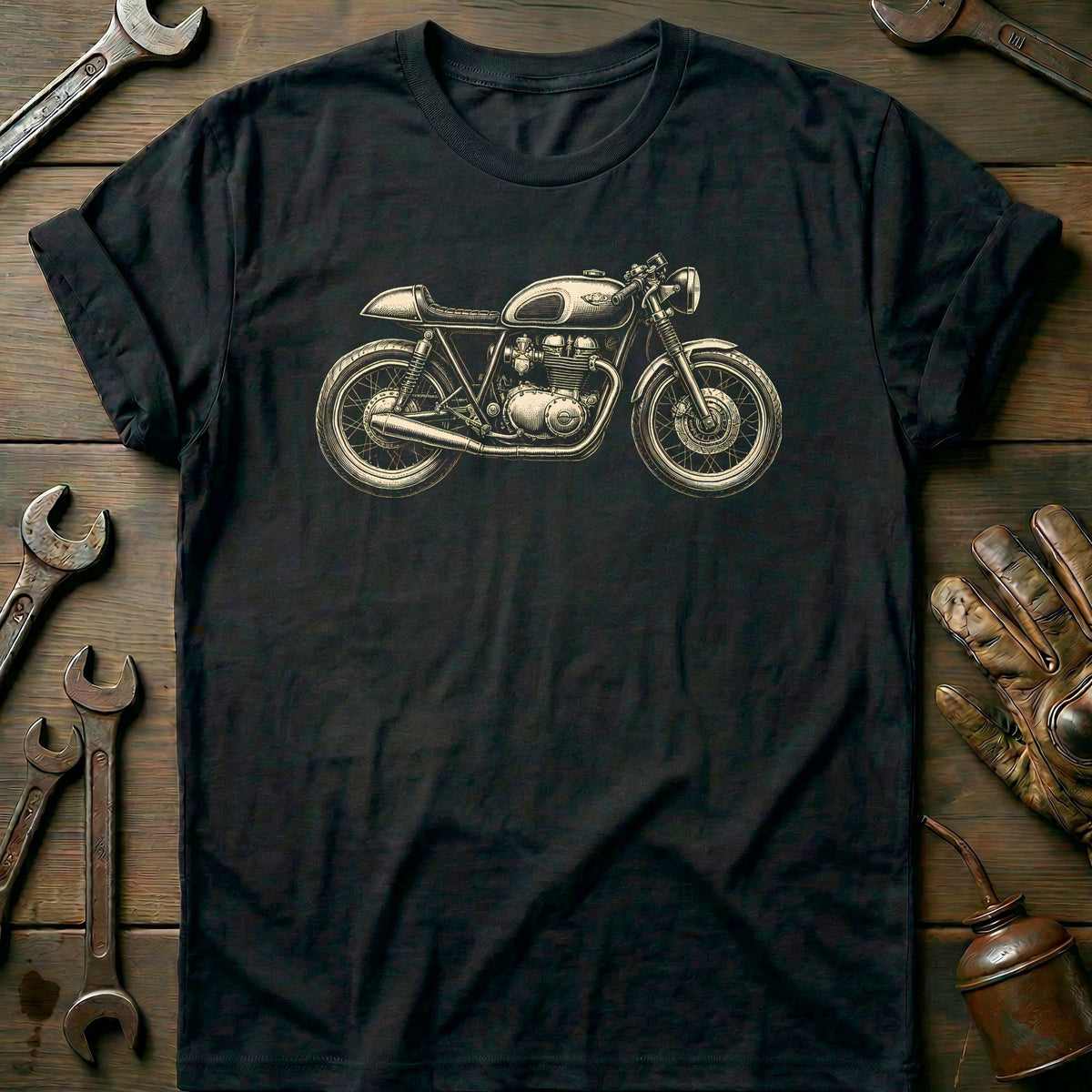 Cafe Racer Woodcut Motorcycle T-Shirt product image 1