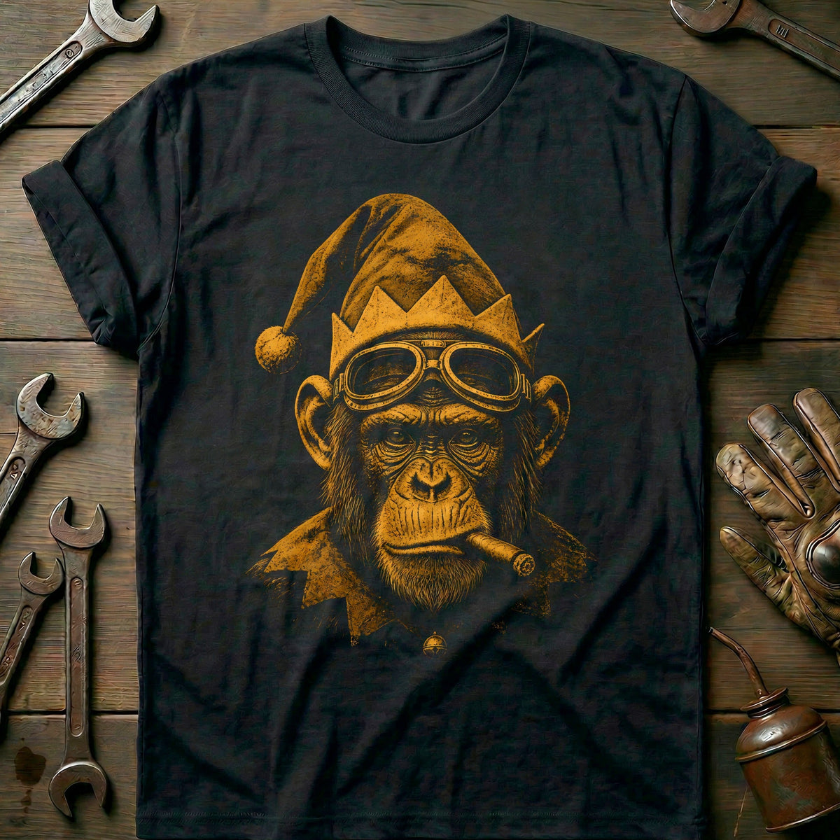 Christmas Elf Chimp Goggles Motorcycle T-Shirt US product image 2