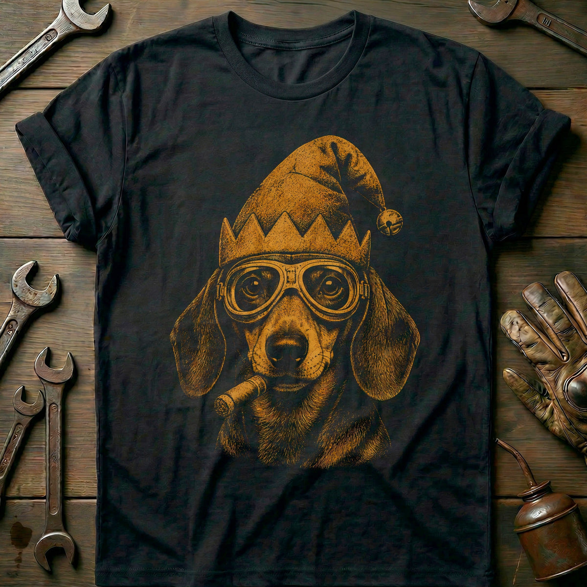 Christmas Elf Dachshund Goggles Motorcycle T-Shirt AU product image 1