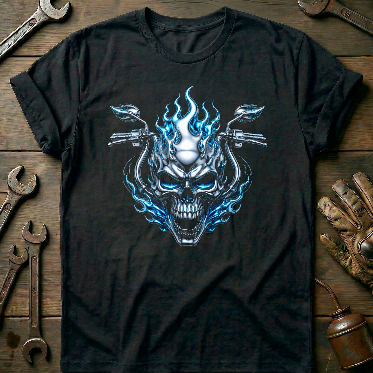 Chrome Flaming Skull Motorcycle T-Shirt GC product image 2