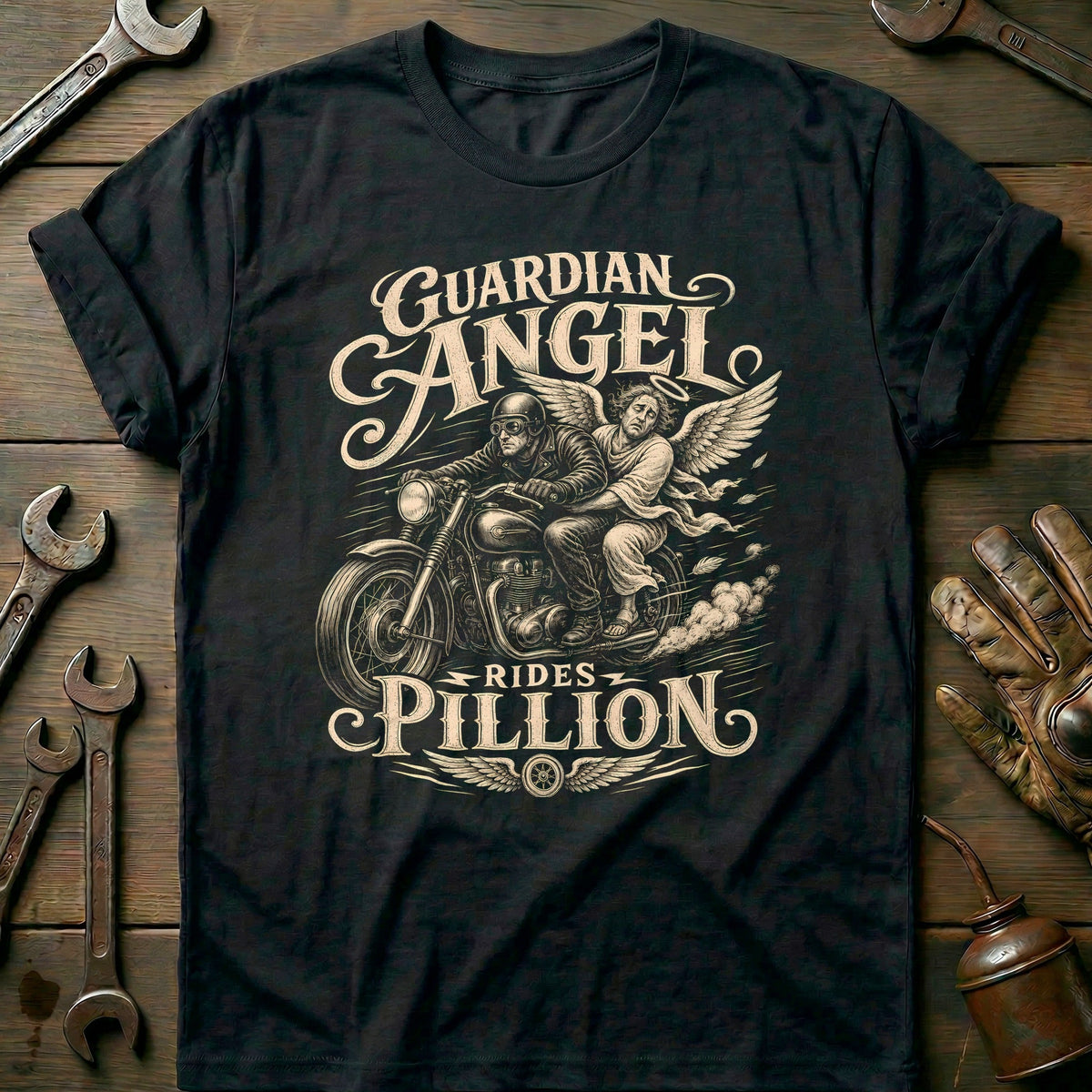 Guardian Angel Rides Pillion Motorcycle T-Shirt US product image 2