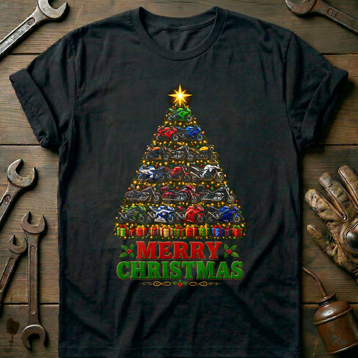 Merry Christmas Sportbike Tree Motorcycle T-Shirt AU product image 2