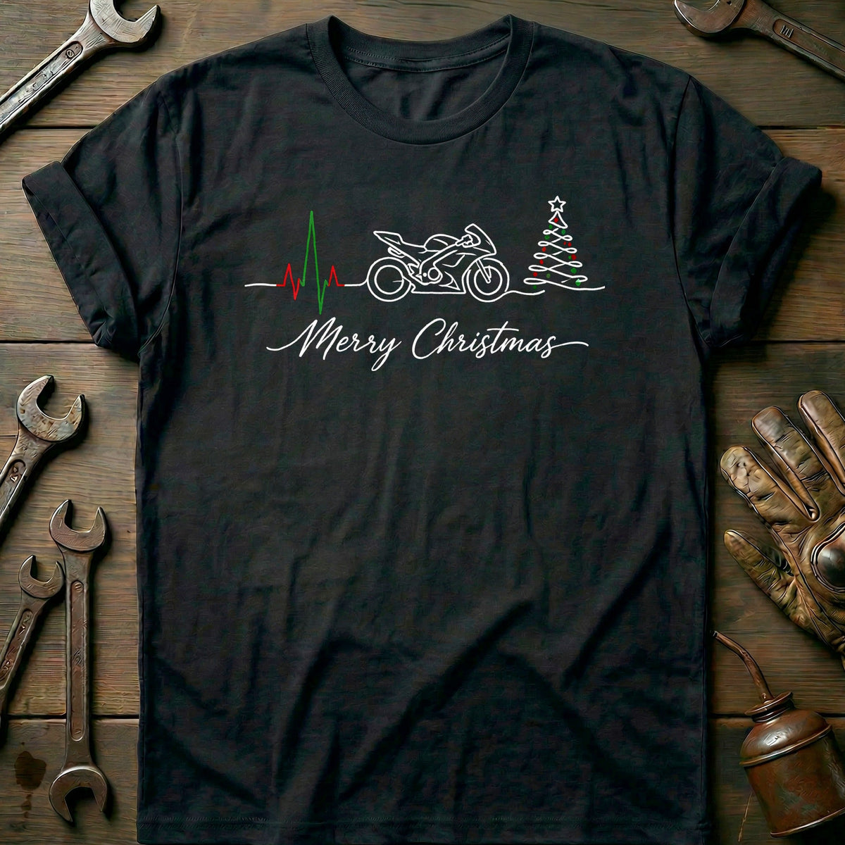 Motorcycle Heartbeat Merry Christmas T-Shirt AU product image 1
