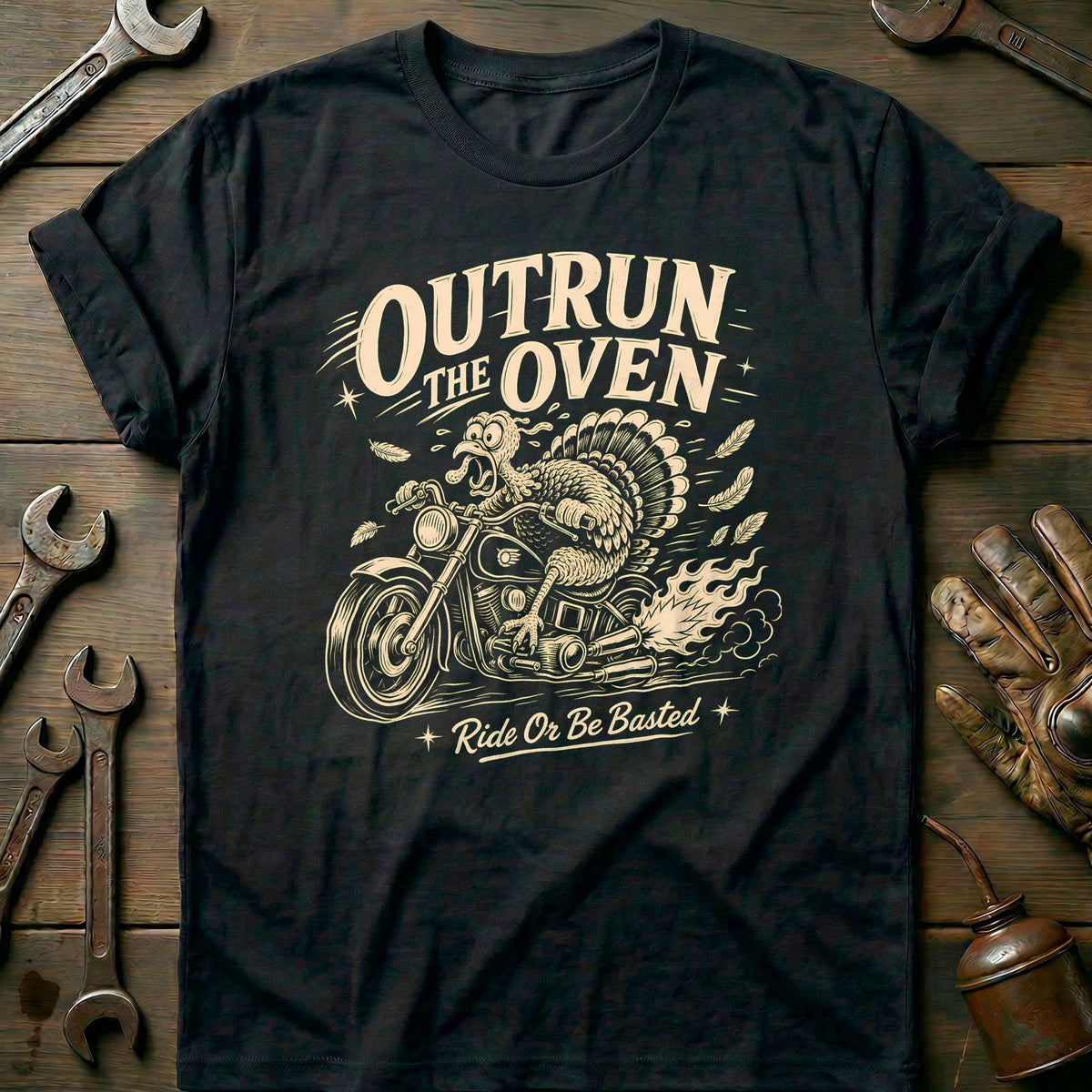 Outrun the Oven Ride or Be Basted Motorcycle T-Shirt GC product image 1