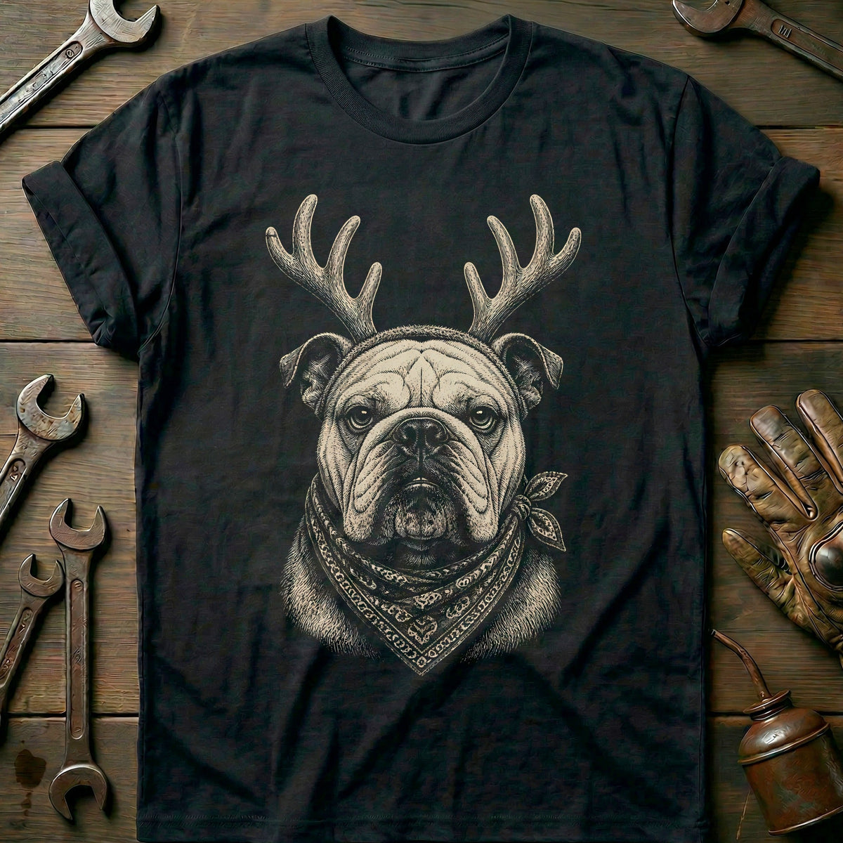 Reindeer Antlers Bulldog Bandana Motorcycle T-Shirt AU product image 2