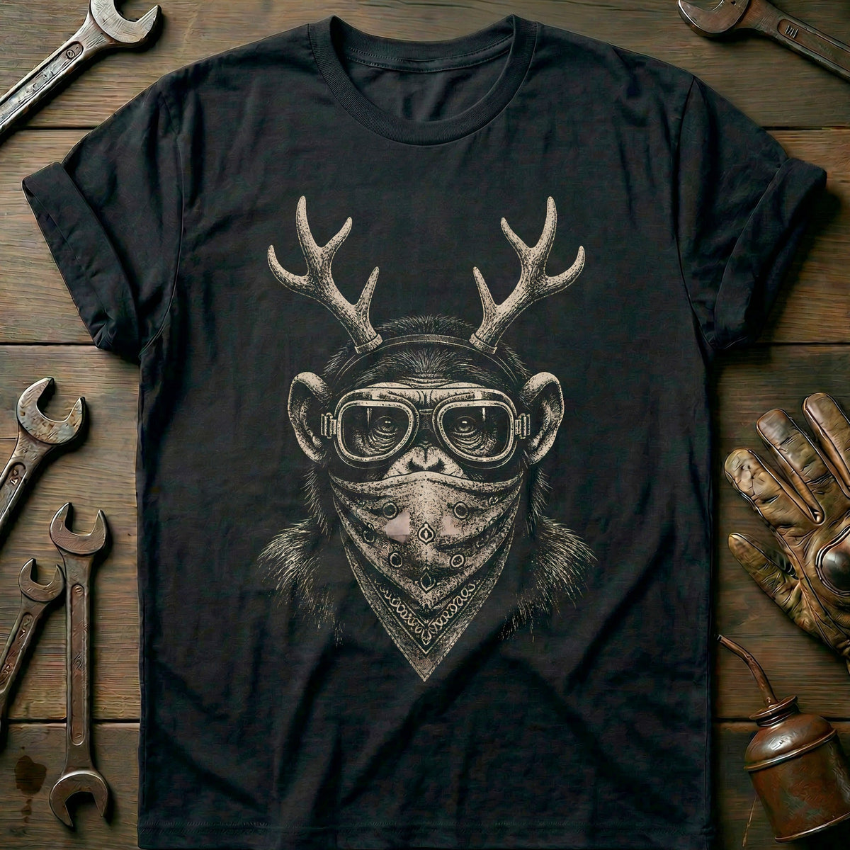 Reindeer Antlers Chimp Bandana Motorcycle T-Shirt US product image 1