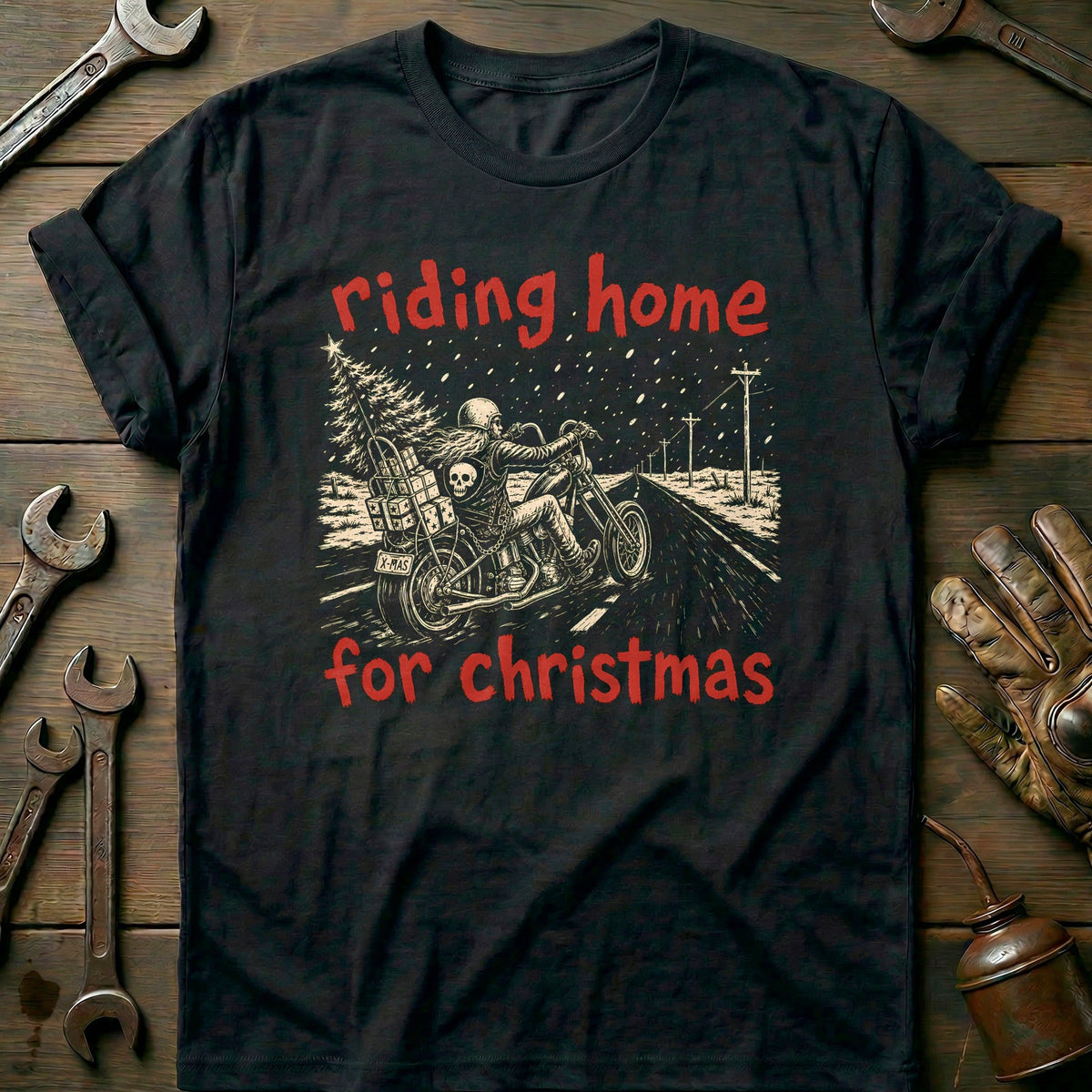 Riding Home for Christmas Motorcycle T-Shirt GC product image 1
