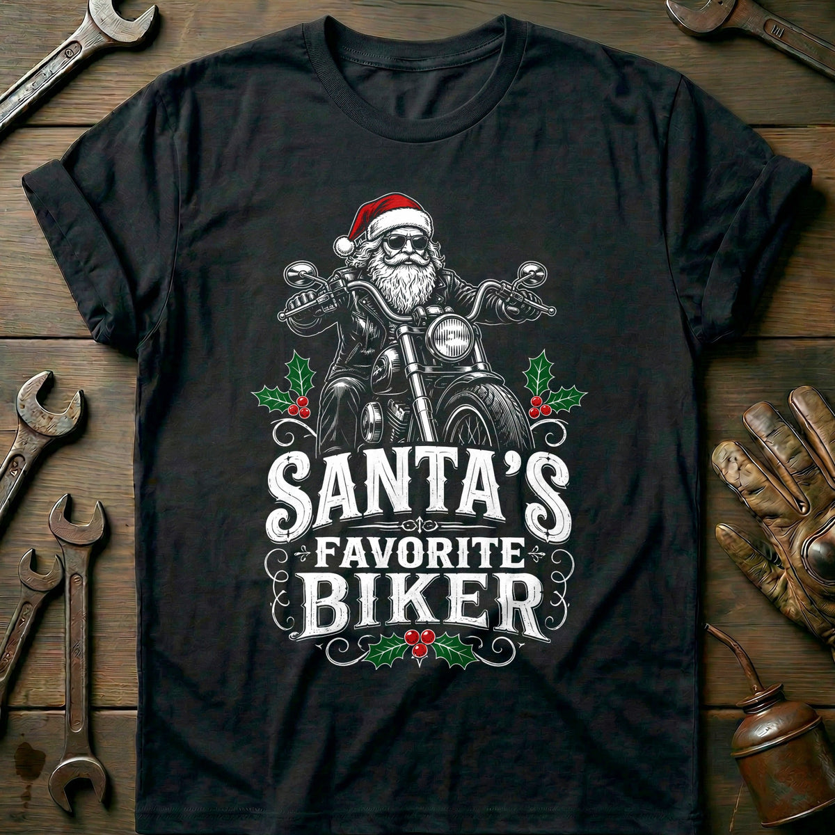 Santa's Favorite Biker Motorcycle T-Shirt US product image 3