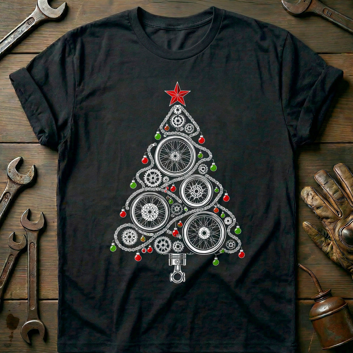 Wheels and Chains Christmas Tree Motorcycle T-Shirt GC product image 3