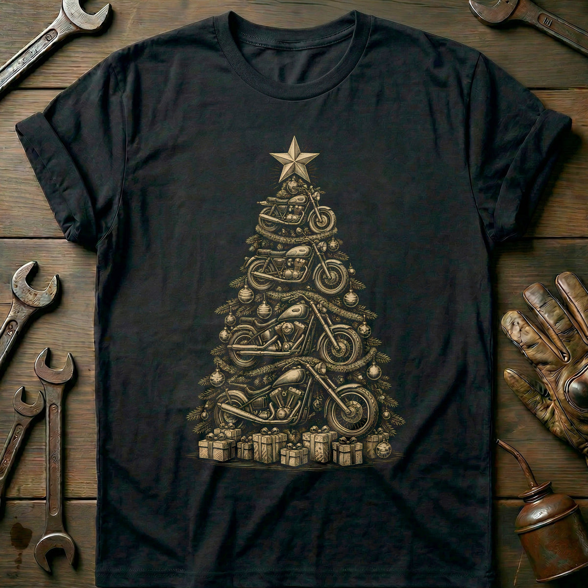 Woodcut Motorcycle Christmas Tree T-Shirt AU product image 3