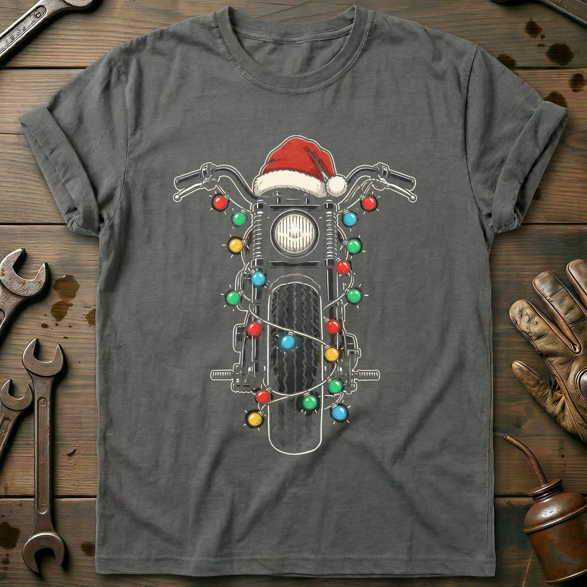 Bobber Christmas Lights Motorcycle T-Shirt product image 1