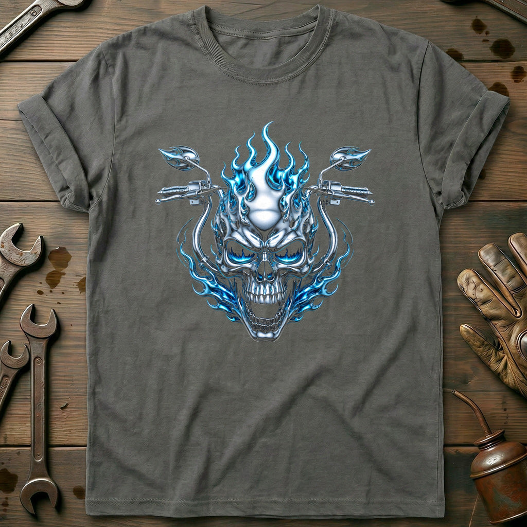 Chrome Flaming Skull Motorcycle T-Shirt GC product image 3