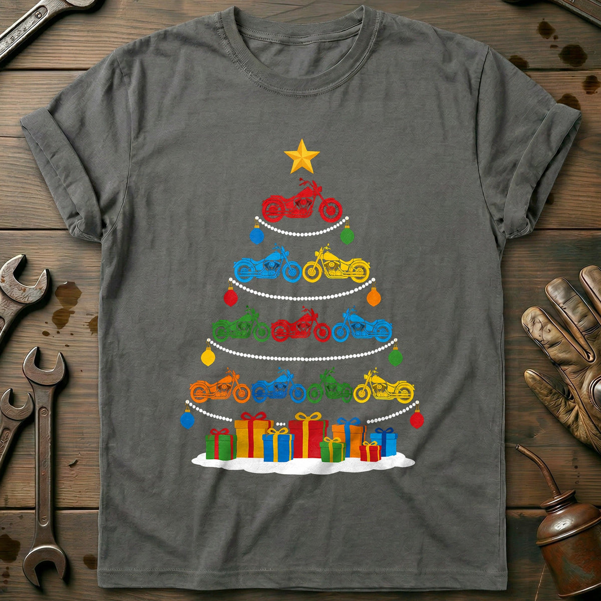 Colourful Motorcycle Christmas Tree T-Shirt product image 3