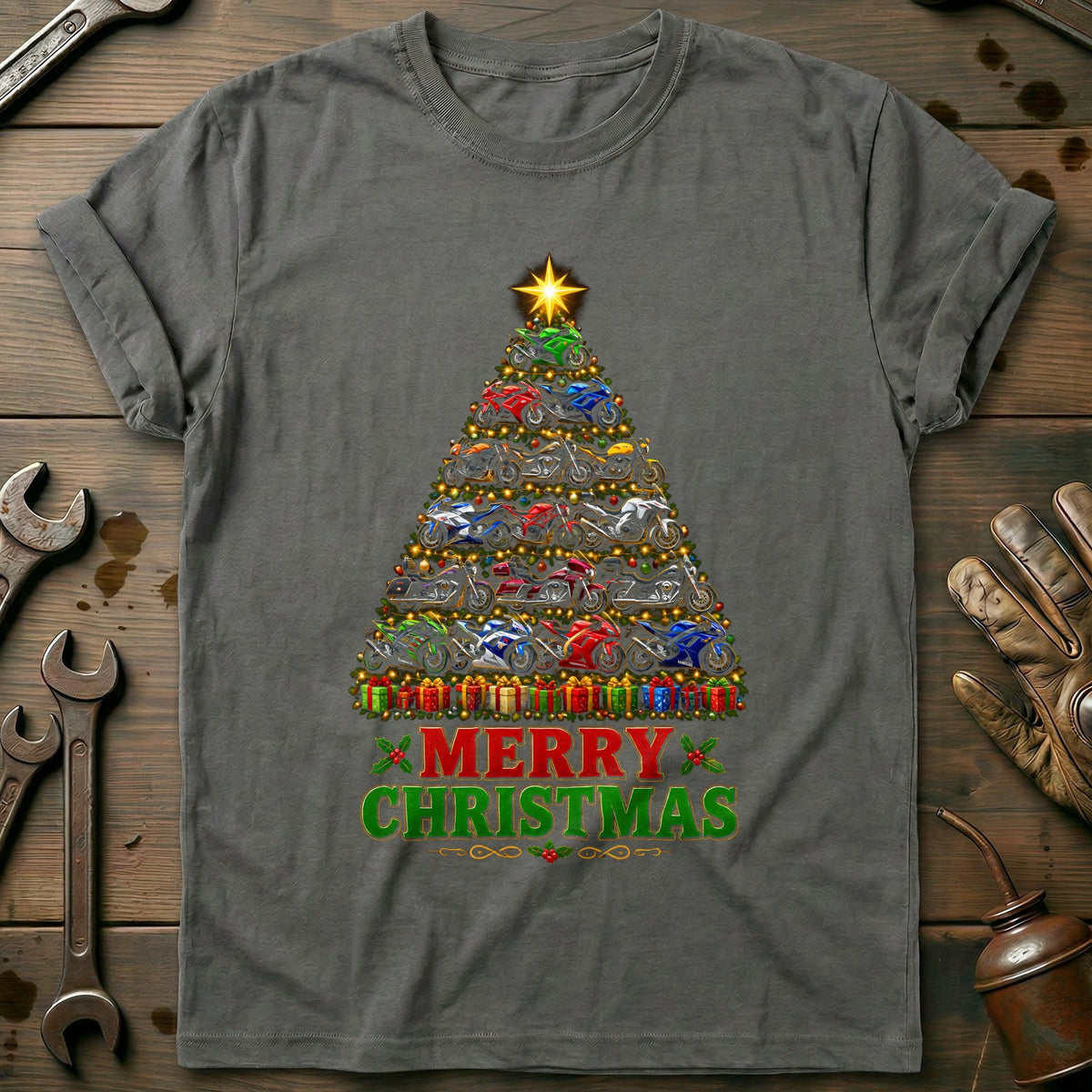 Merry Christmas Sportbike Tree Motorcycle T-Shirt AU product image 3