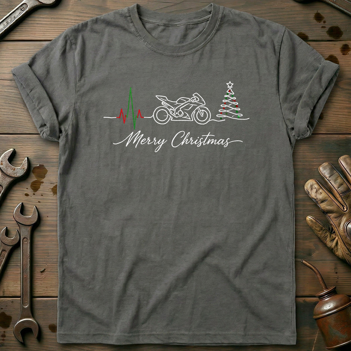 Motorcycle Heartbeat Merry Christmas T-Shirt AU product image 3