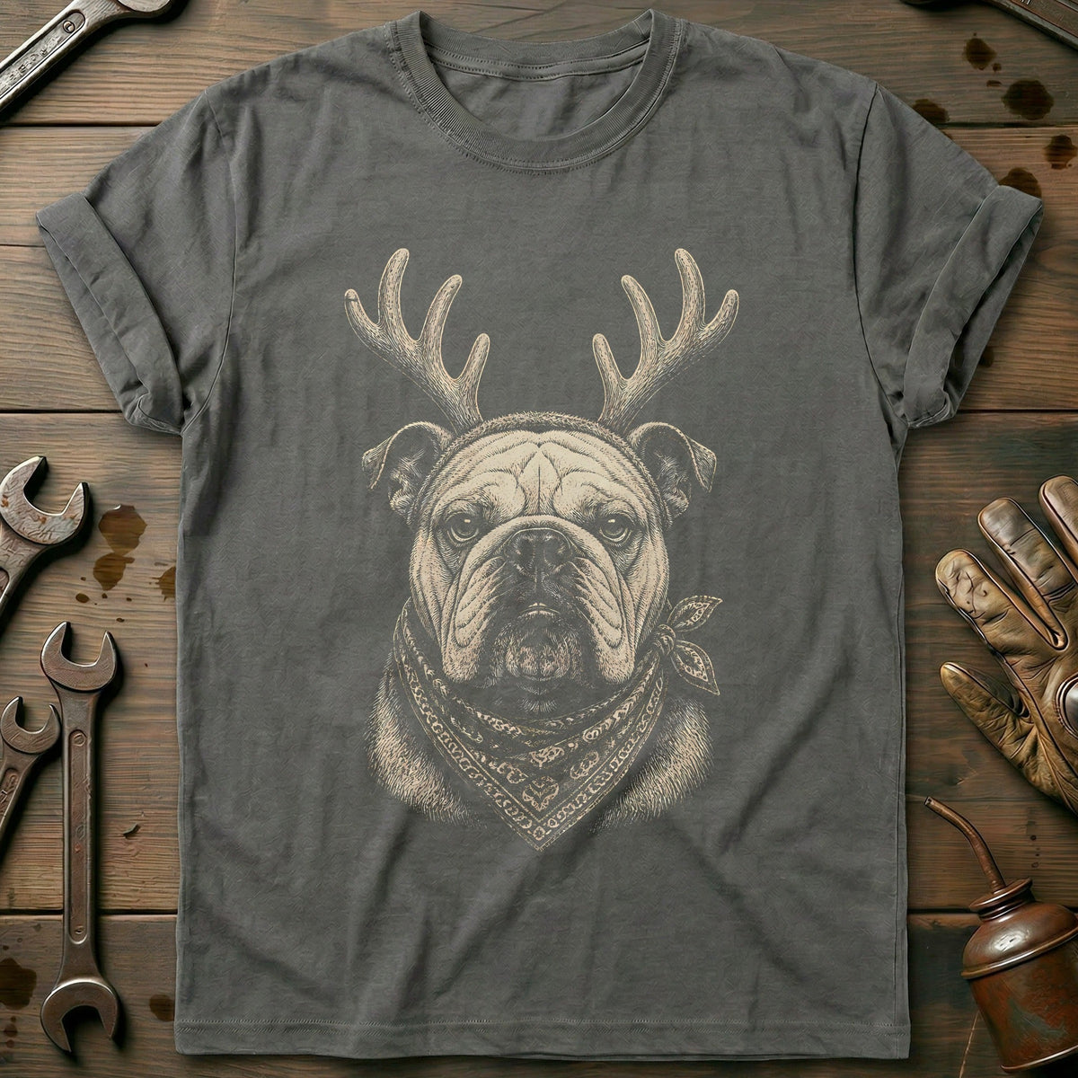 Reindeer Antlers Bulldog Bandana Motorcycle T-Shirt EU product image 3