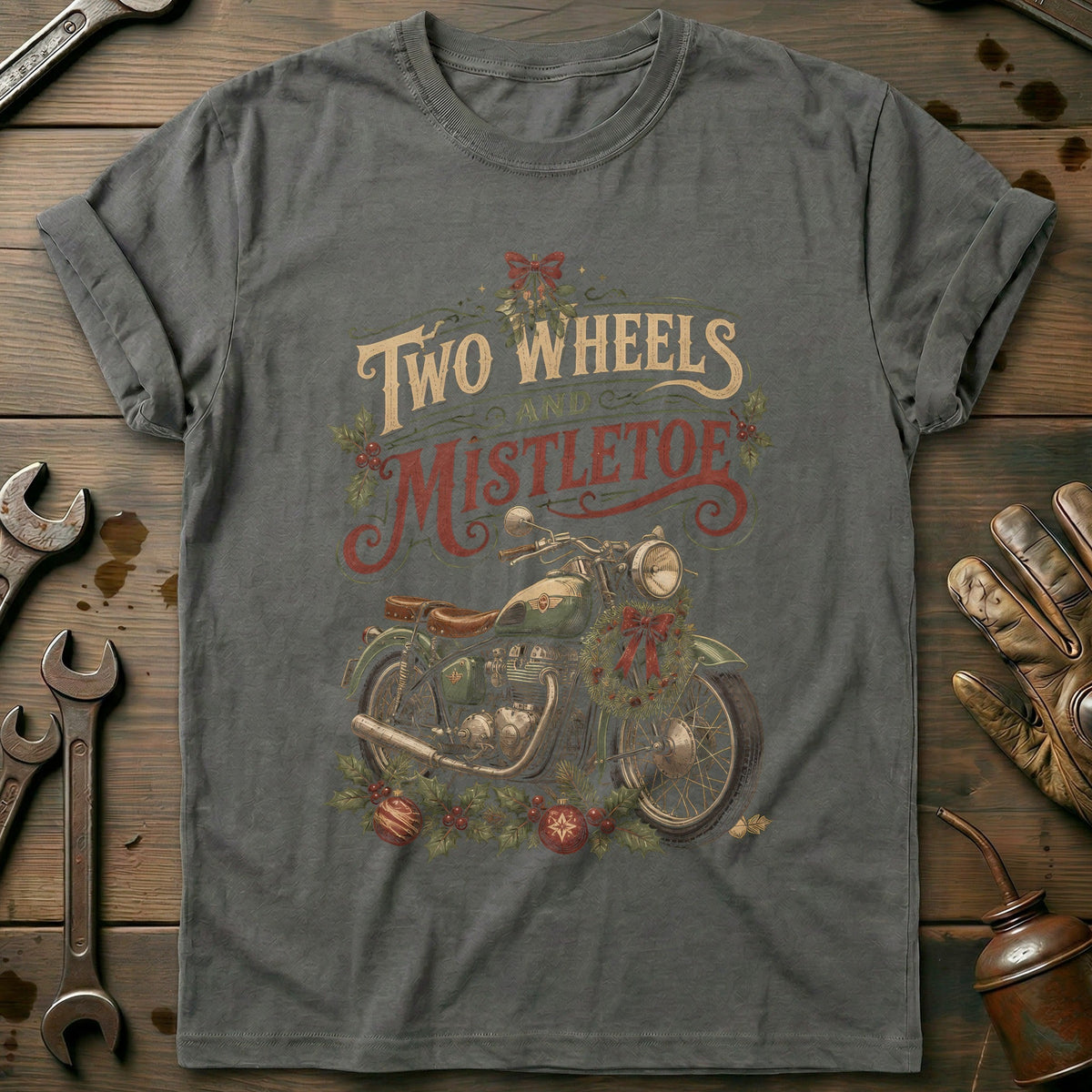 Two Wheels and Mistletoe Motorcycle T-Shirt EU product image 3