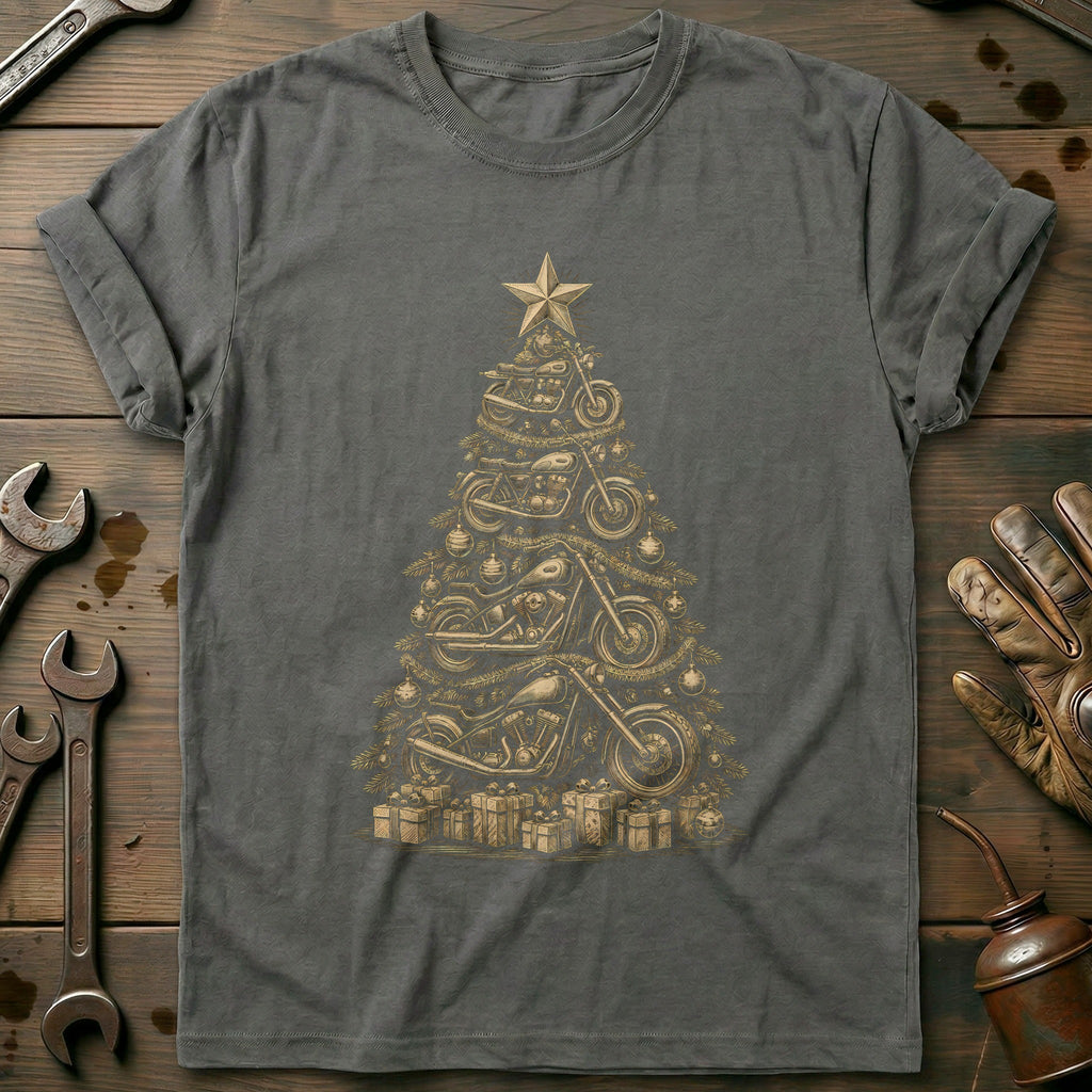Woodcut Motorcycle Christmas Tree 81 T-Shirt product image 4
