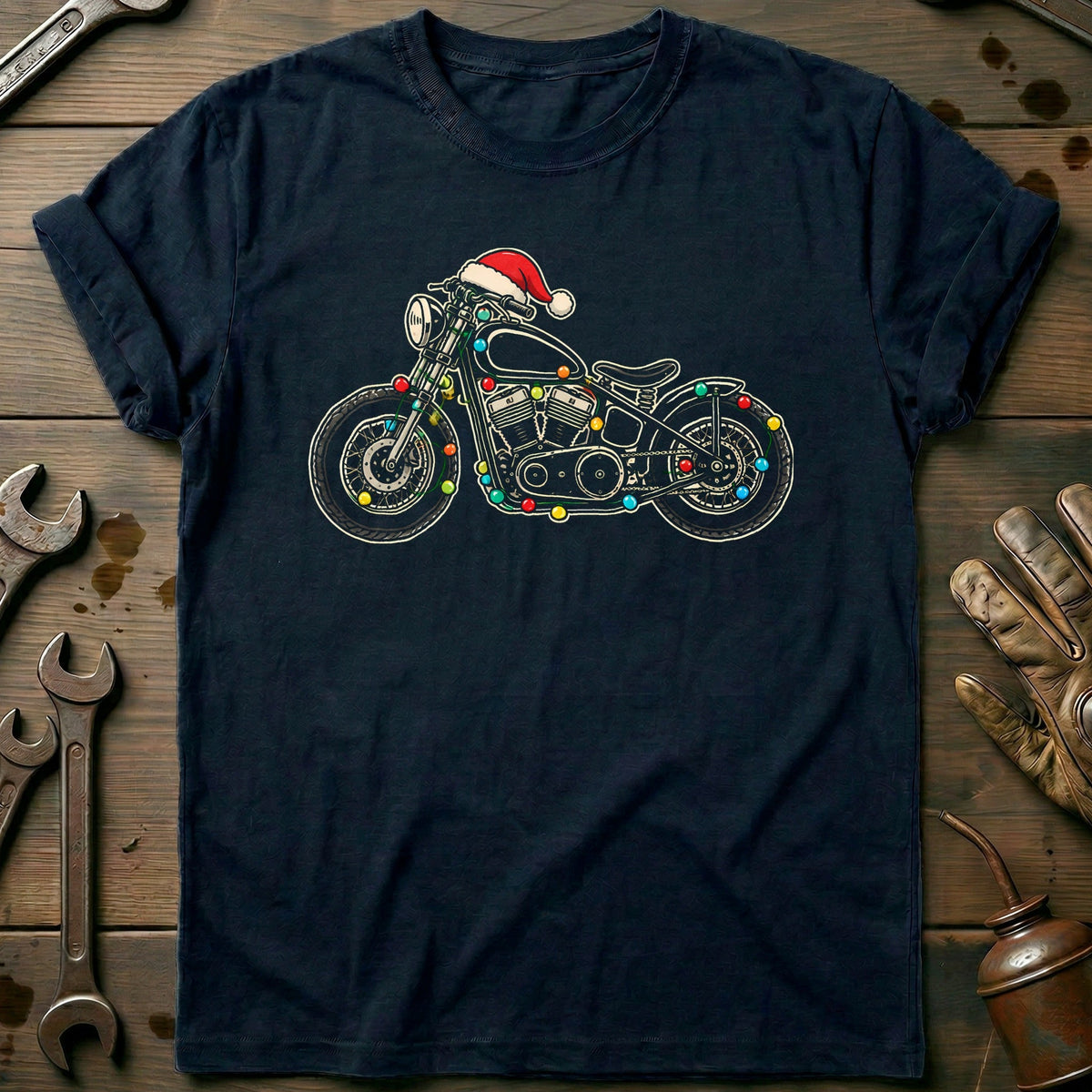 Bobber Christmas Lights Motorcycle T-Shirt US product image 2