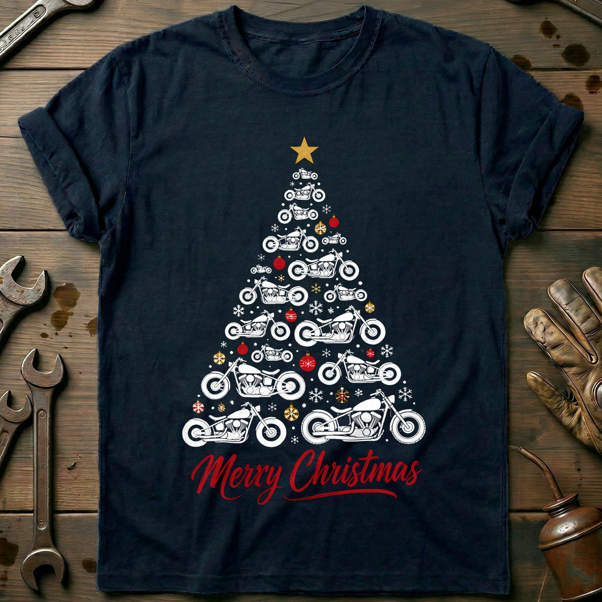 Bobber Christmas Tree Motorcycle T-Shirt EU product image 2