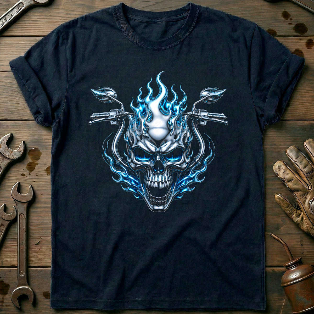 Chrome Flaming Skull Motorcycle T-Shirt GC product image 1