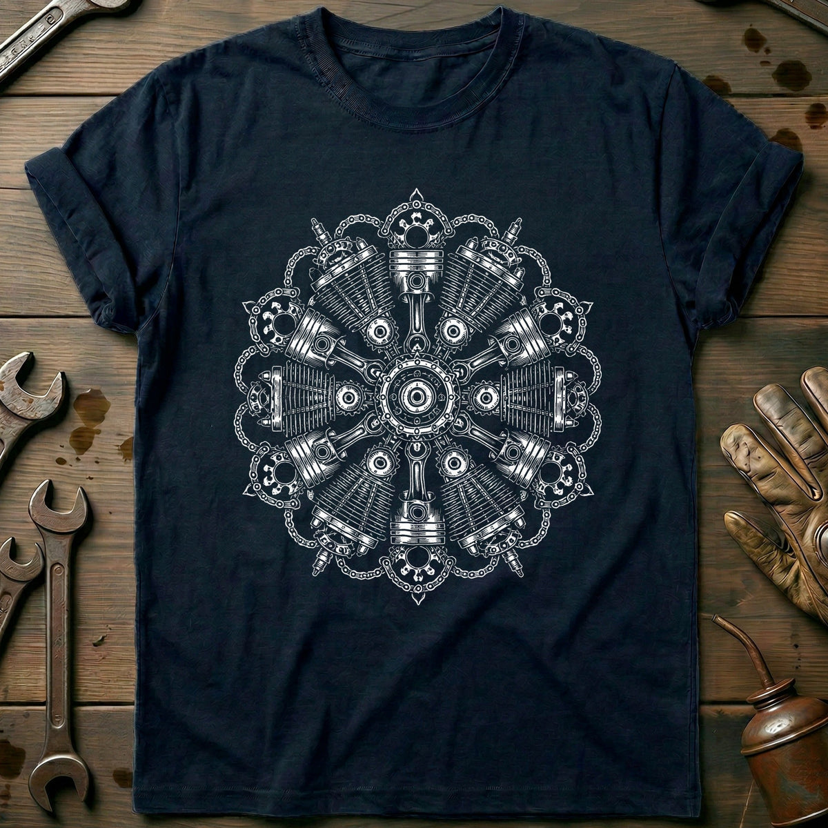 Engine Mandala Blackwork Motorcycle T-Shirt EU product image 1
