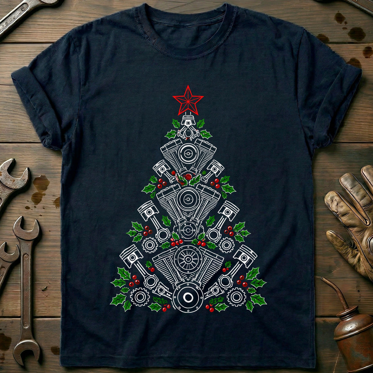 Engines and Pistons Christmas Tree Motorcycle T-Shirt product image 1