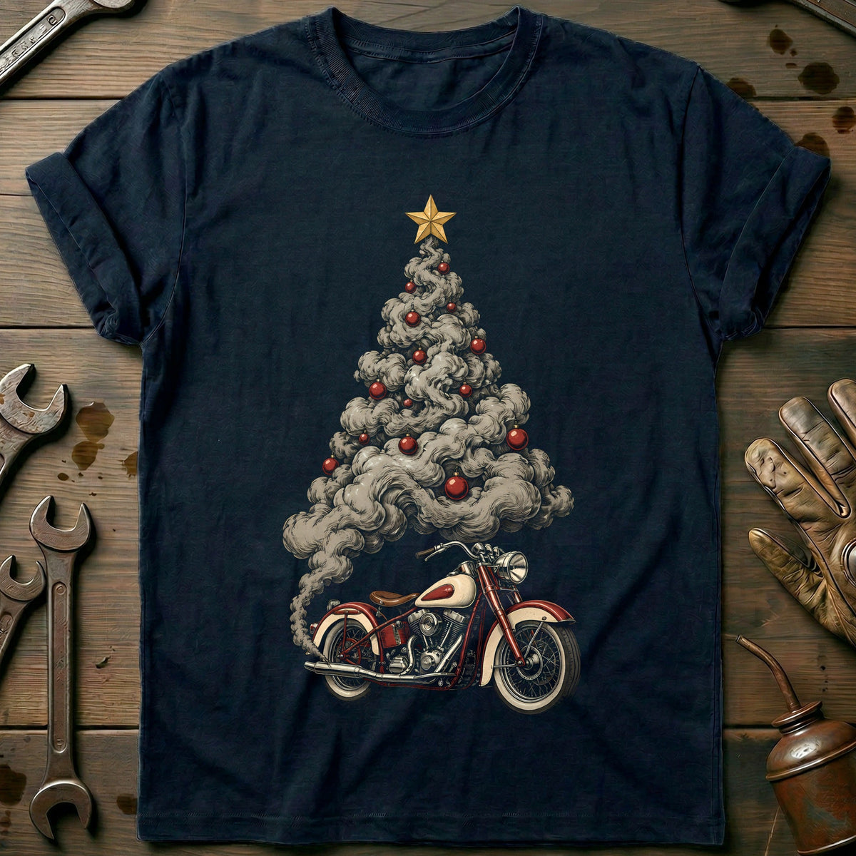 Exhaust Smoke Christmas Tree Motorcycle T-Shirt US product image 2