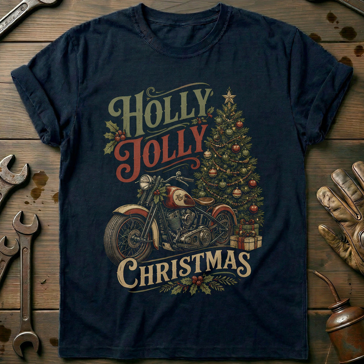 Holly Jolly Christmas Motorcycle T-Shirt US product image 1