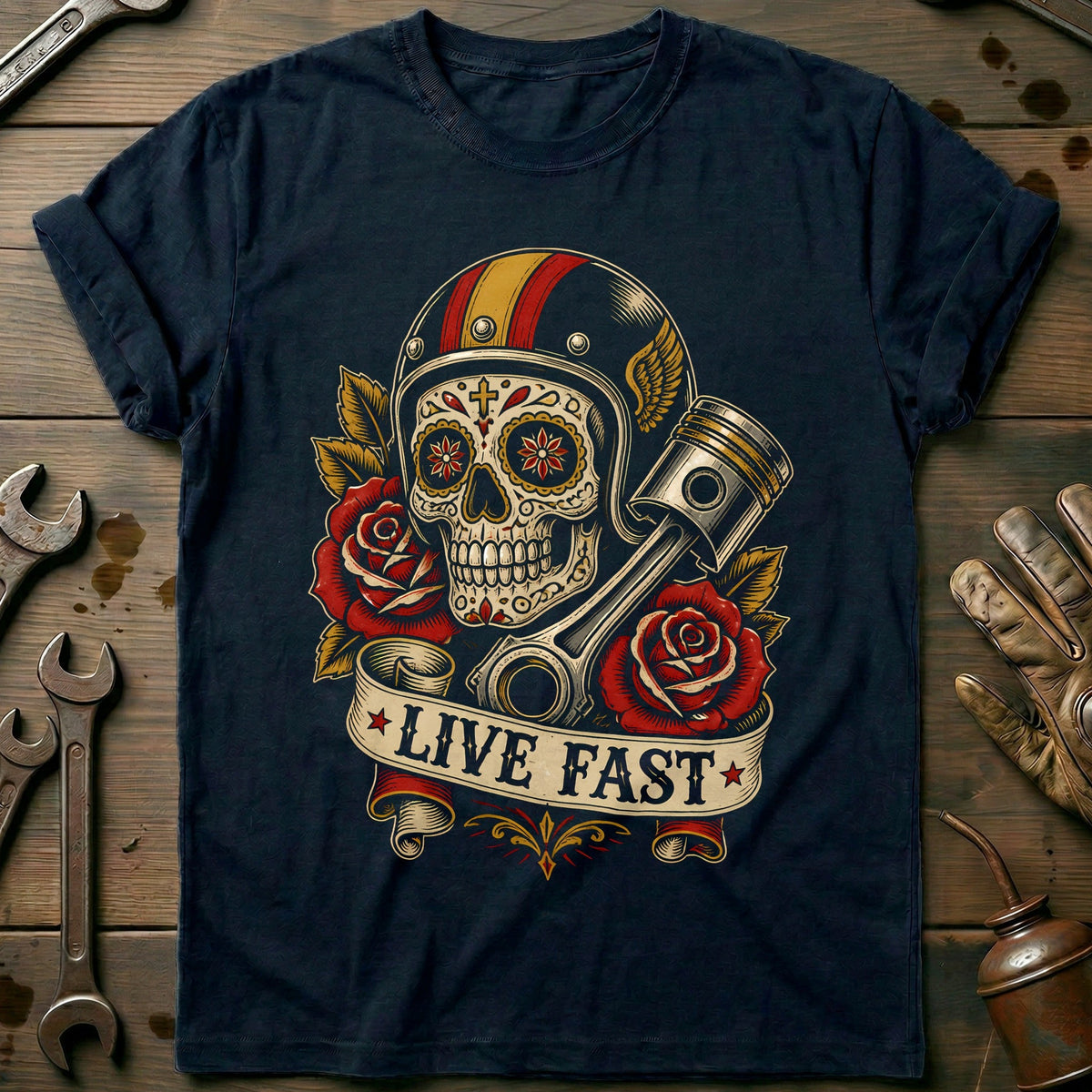 Live Fast Tattoo Motorcycle T-Shirt GC product image 1