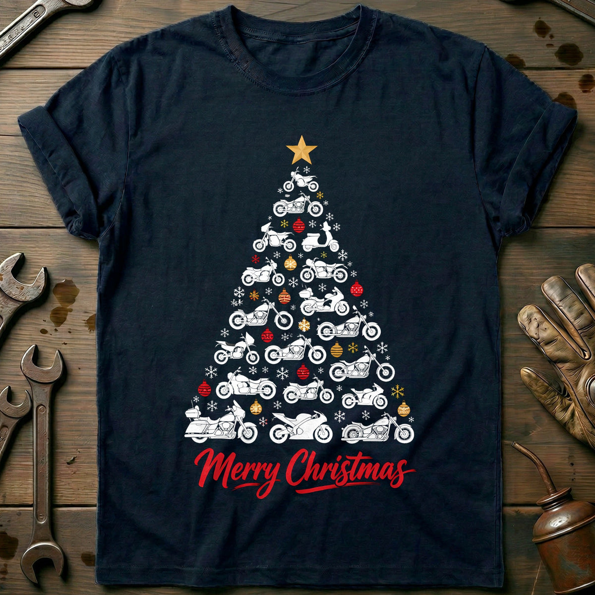 Merry Christmas Motorcycle Tree T-Shirt EU product image 1