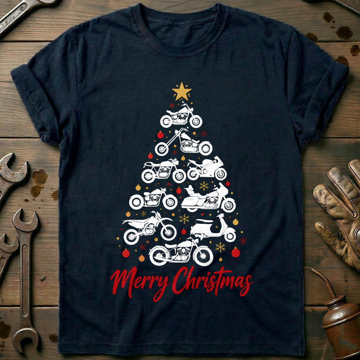 Merry Christmas Motorcycle Tree T-Shirt US product image 1