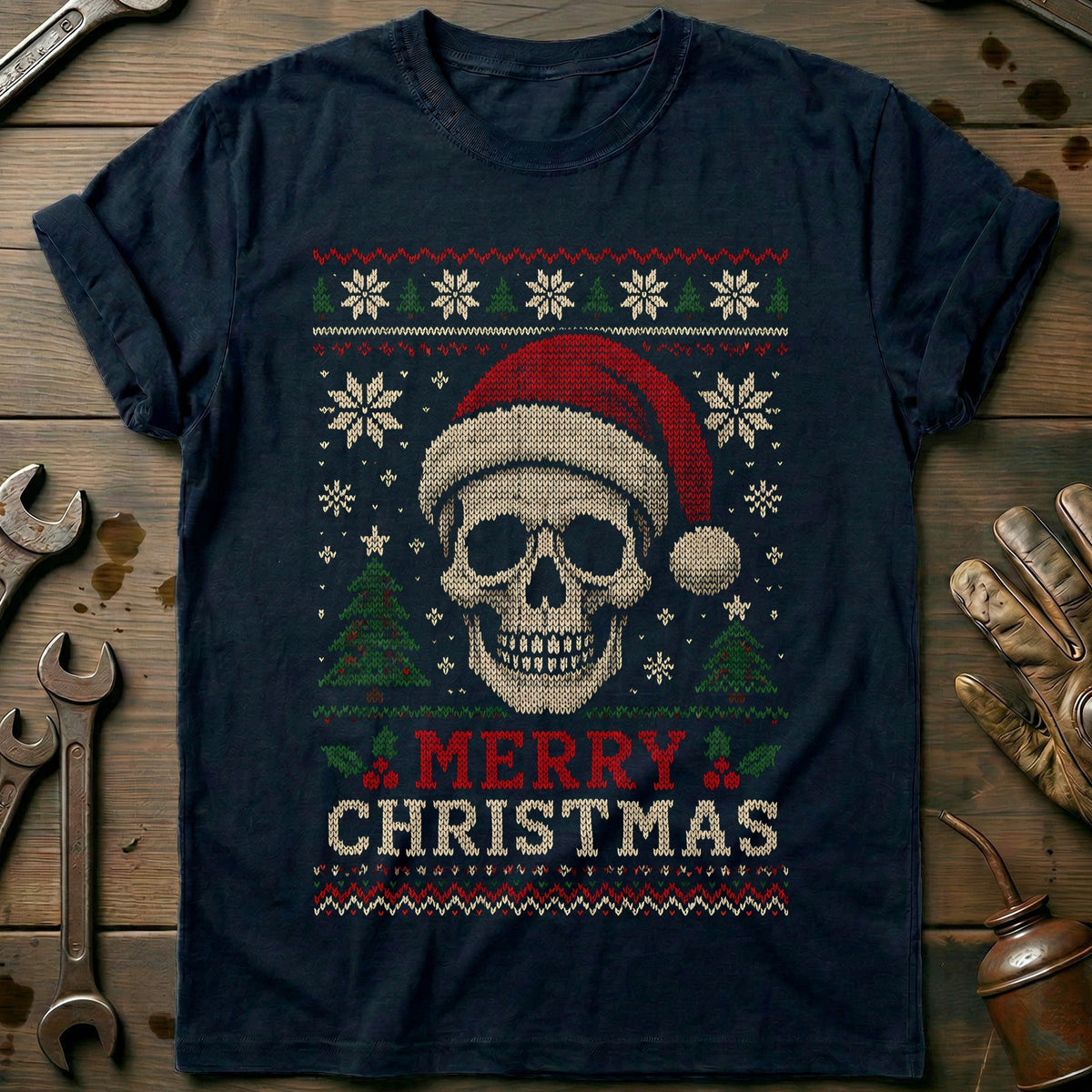 Merry Christmas Santa Skull Sweater Motorcycle T-Shirt GC product image 2