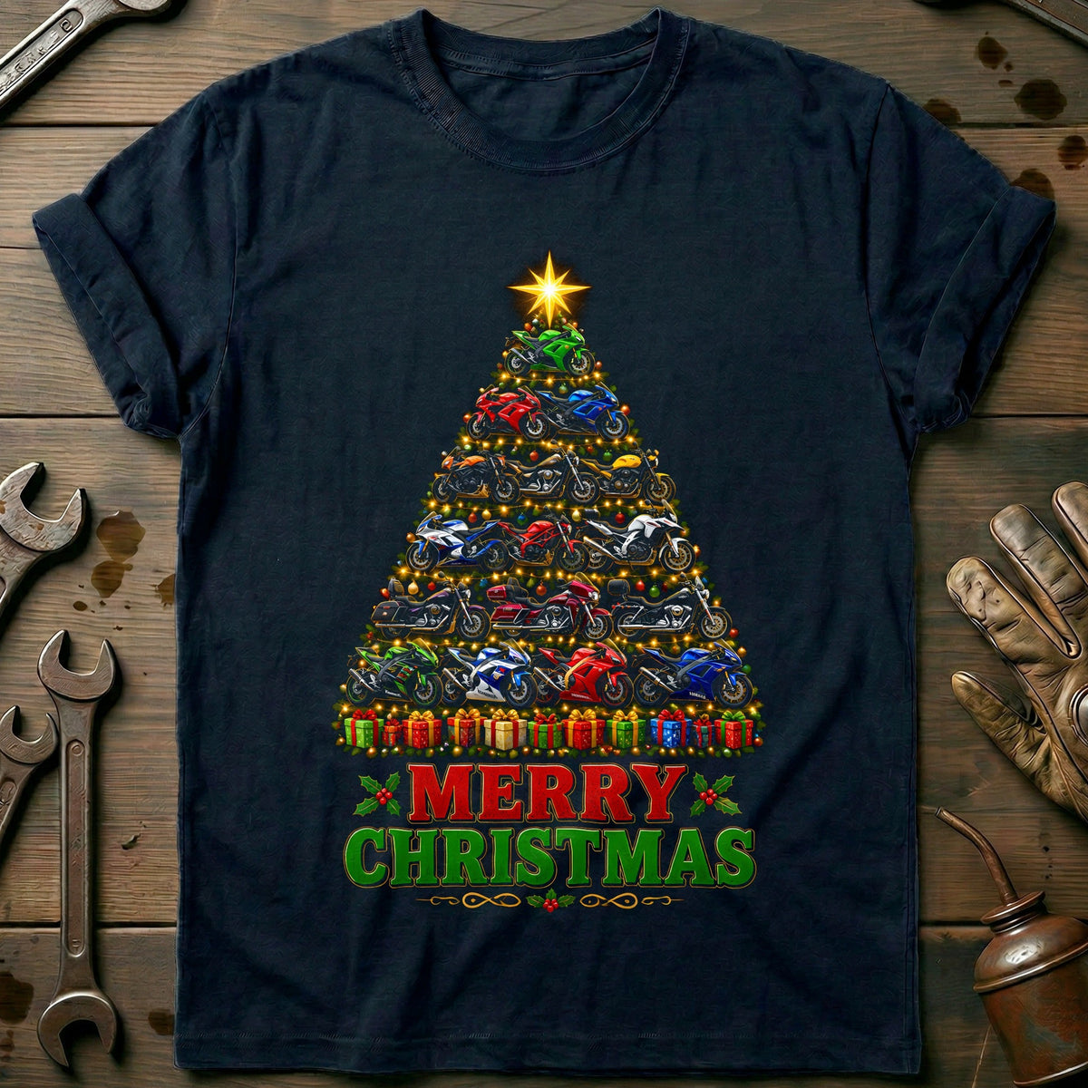 Merry Christmas Sportbike Tree Motorcycle T-Shirt AU product image 1