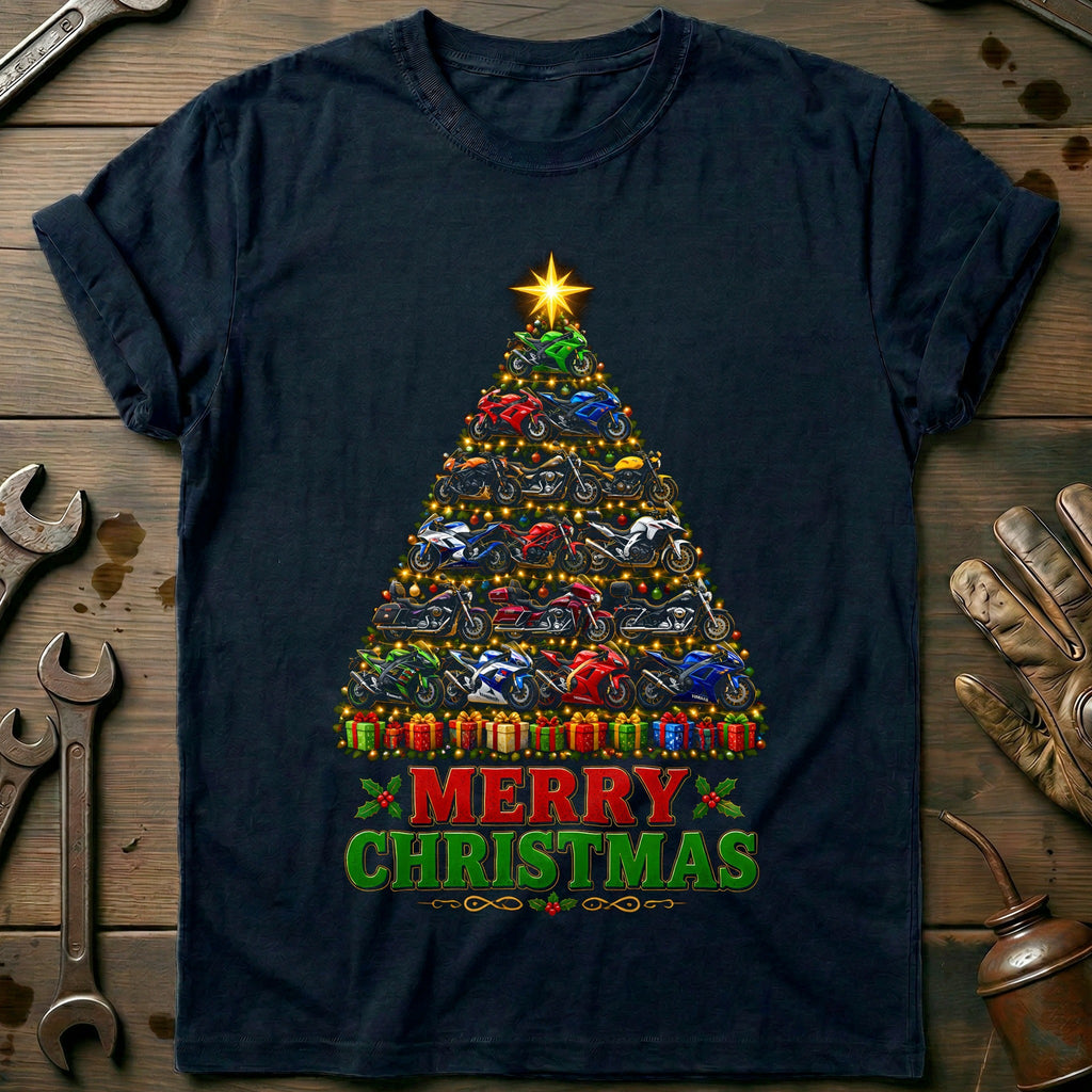 Merry Christmas Sportbike Tree Motorcycle T-Shirt US product image 1