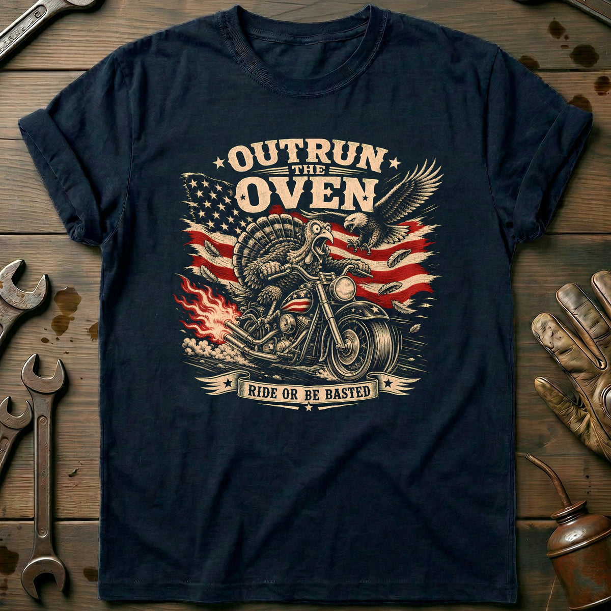 Outrun the Oven Ride or Be Basted Motorcycle T-Shirt US product image 2