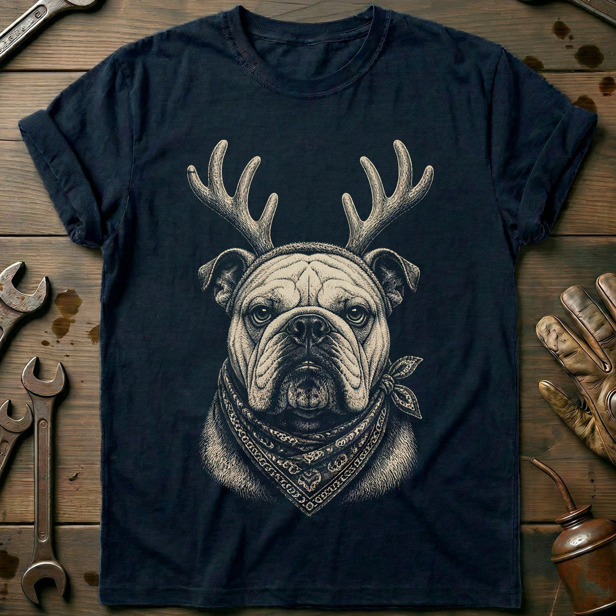 Reindeer Antlers Bulldog Bandana Motorcycle T-Shirt AU product image 1