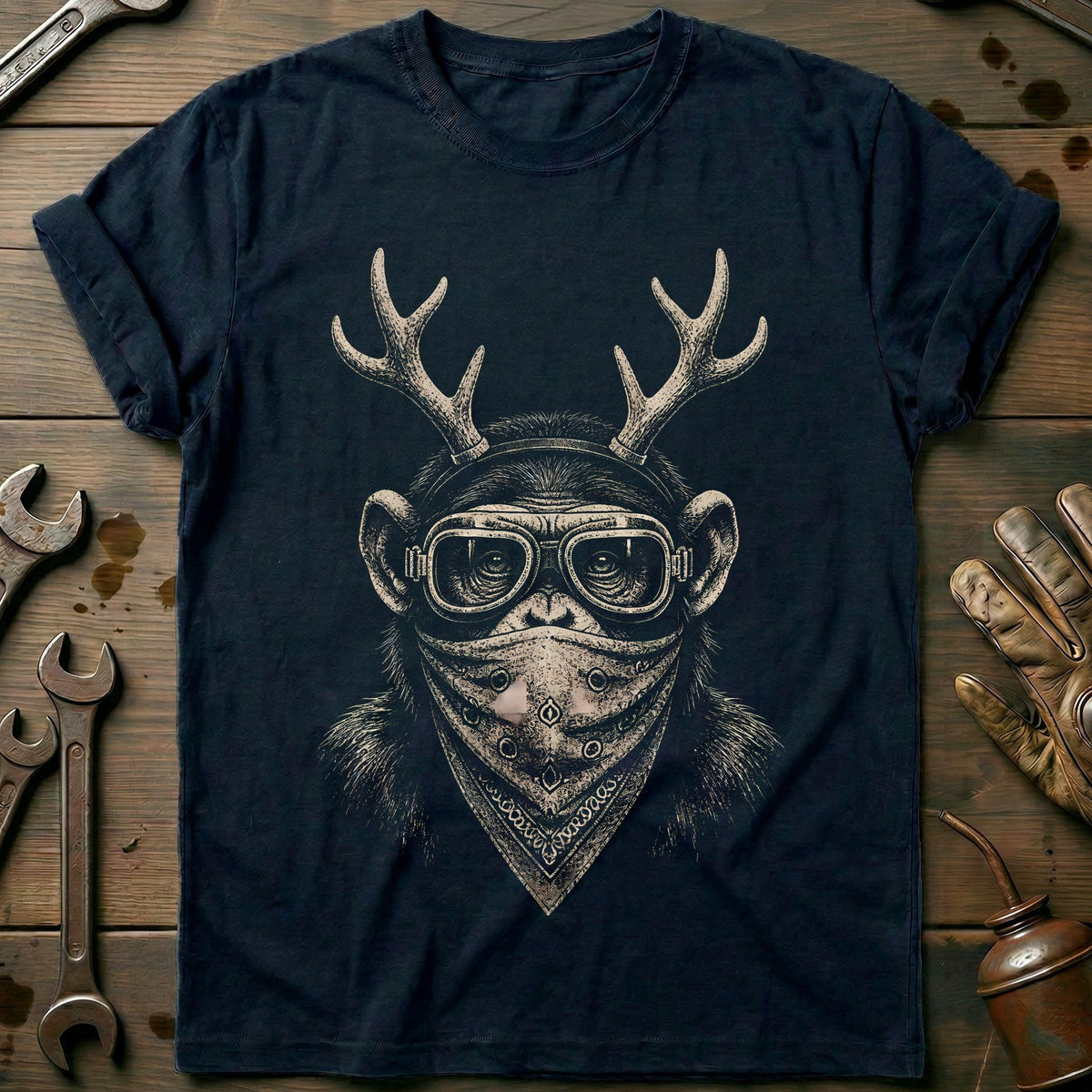 Reindeer Antlers Chimp Bandana Motorcycle T-Shirt US product image 2