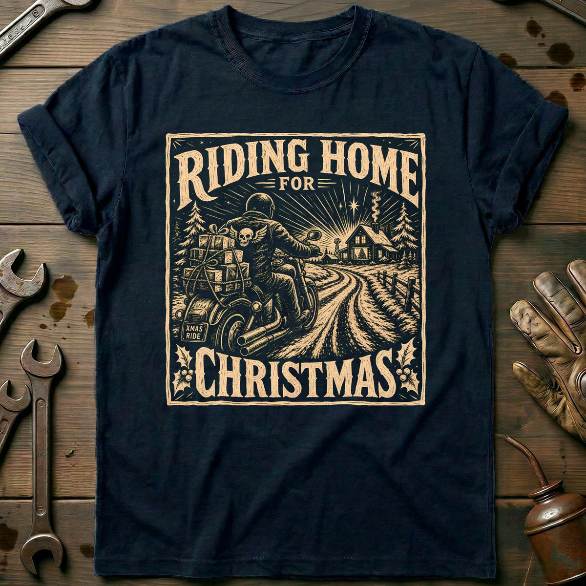 Riding Home for Christmas Motorcycle T-Shirt product image 2