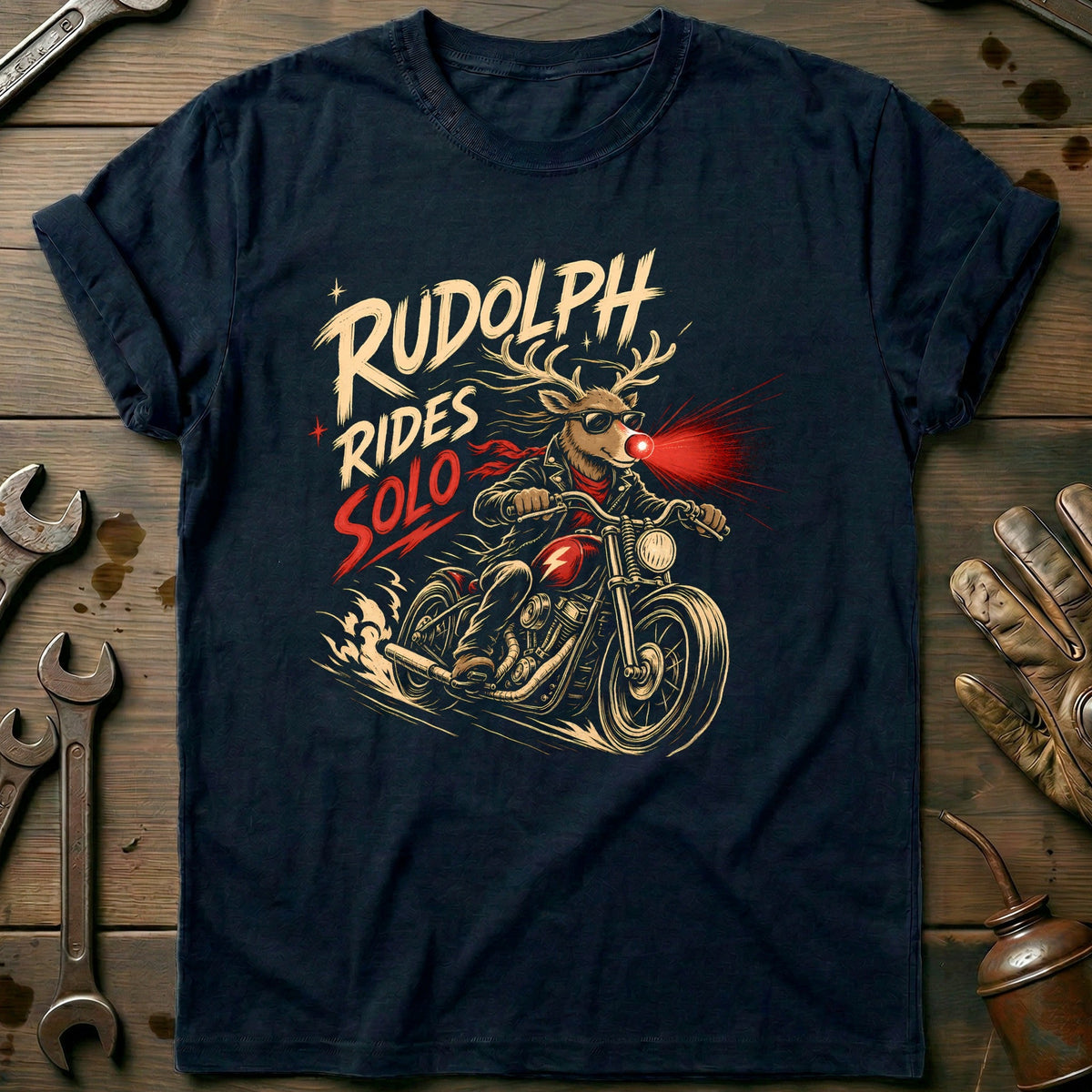 Rudolph Rides Solo Motorcycle T-Shirt product image 2