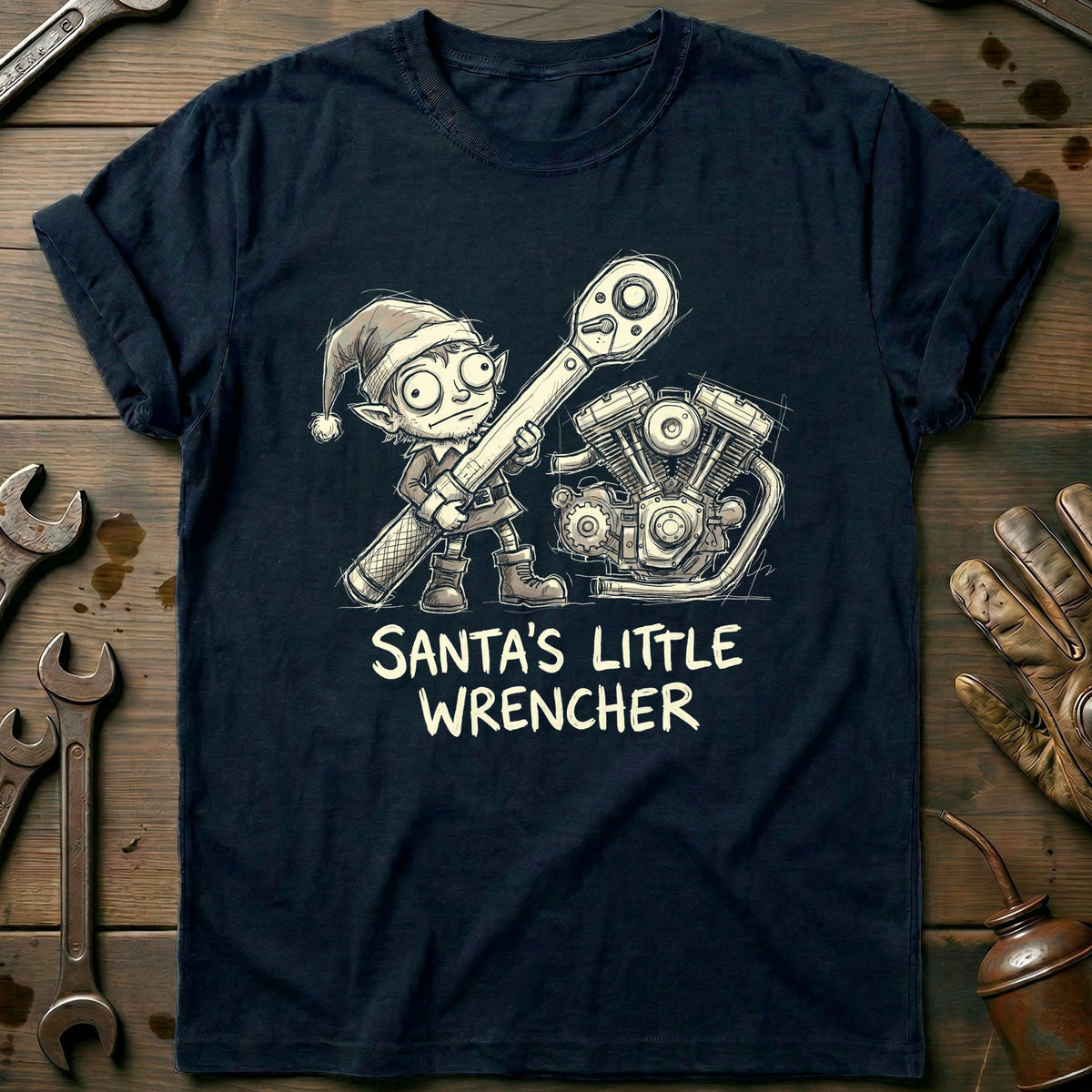 Santa's Little Wrencher Motorcycle T-Shirt US product image 1