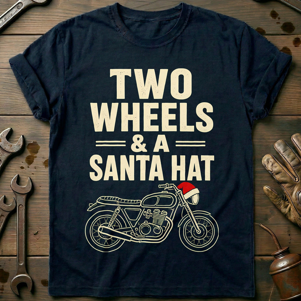 Two Wheels and a Santa Hat Motorcycle T-Shirt