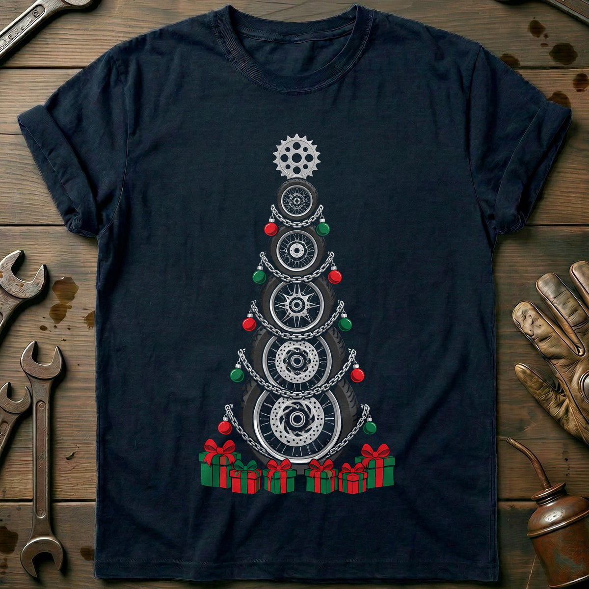 Tyres and Chains Christmas Tree 60 Motorcycle T-Shirt product image 1