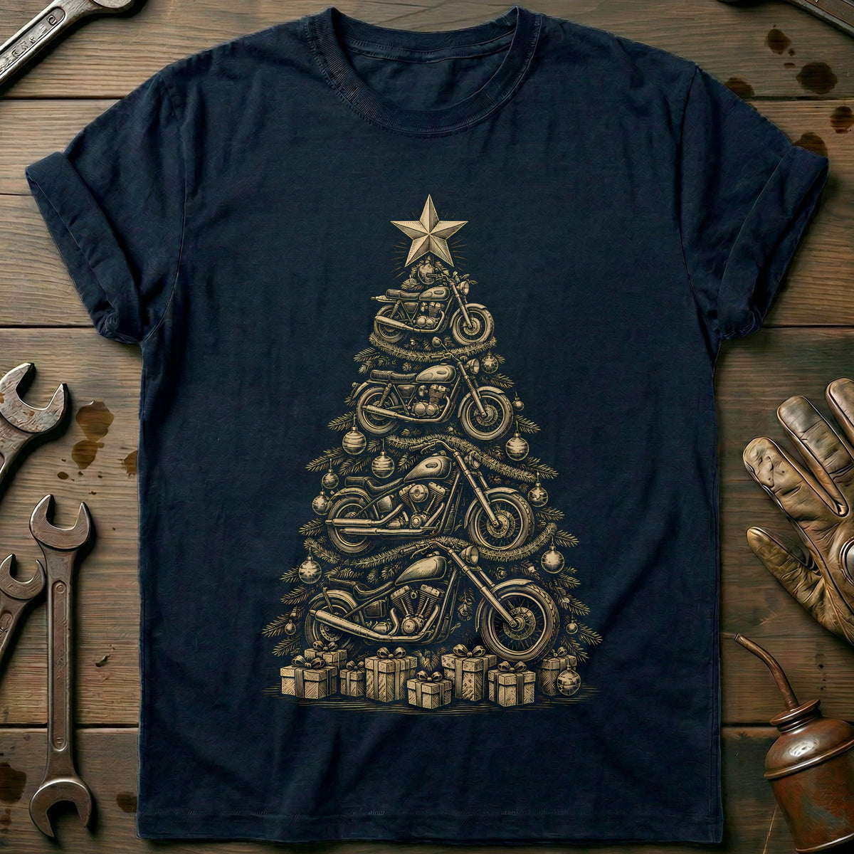 Woodcut Motorcycle Christmas Tree T-Shirt AU product image 2