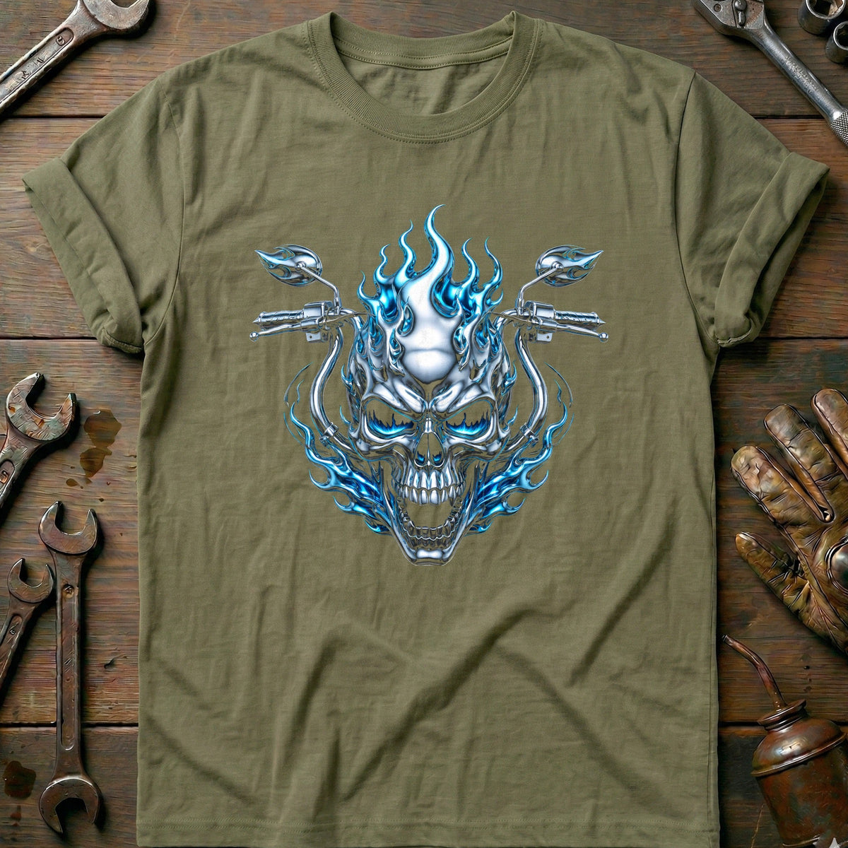Chrome Flaming Skull Motorcycle T-Shirt GC product image 4