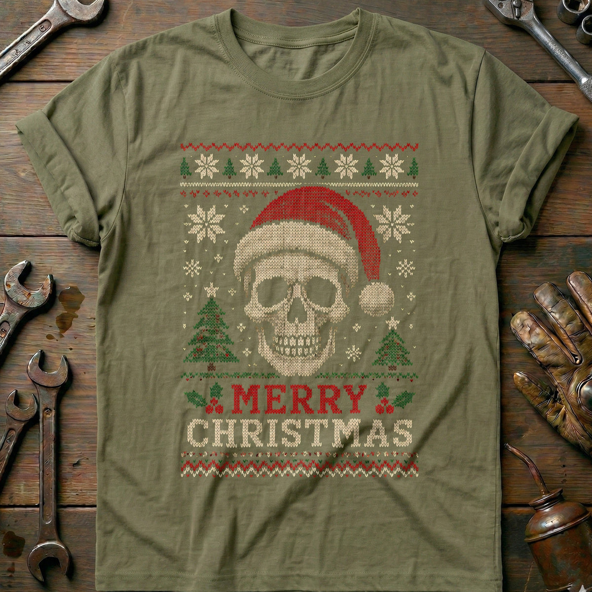 Merry Christmas Santa Skull Sweater Motorcycle T-Shirt GC product image 4