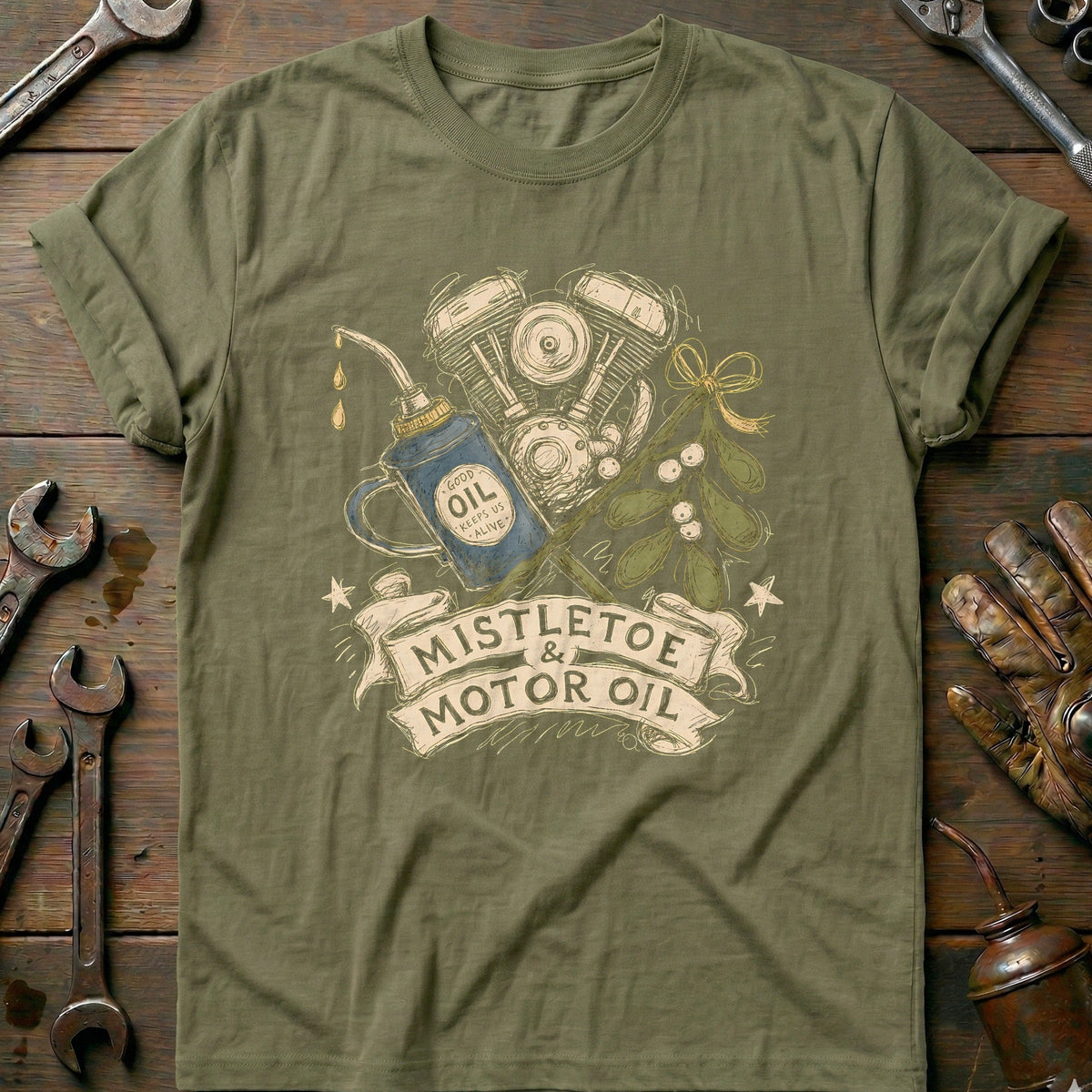 Mistletoe and Motor Oil Motorcycle T-Shirt EU product image 1