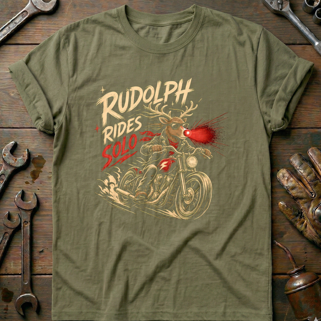 Rudolph Rides Solo Motorcycle T-Shirt product image 1