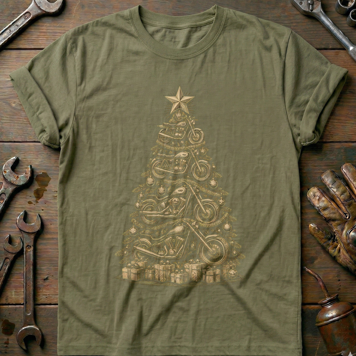 Woodcut Motorcycle Christmas Tree T-Shirt AU product image 1